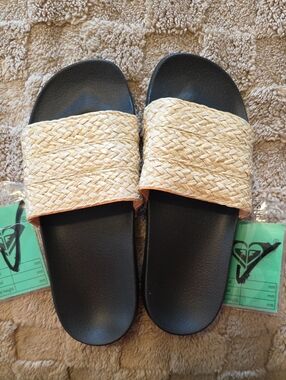 Roxy Black Slide Sandals with Natural Straw Strap
